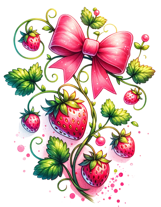 STRAWBERRIES ON VINE CLIPART WITH BOW DTF (direct-to-film) Transfer