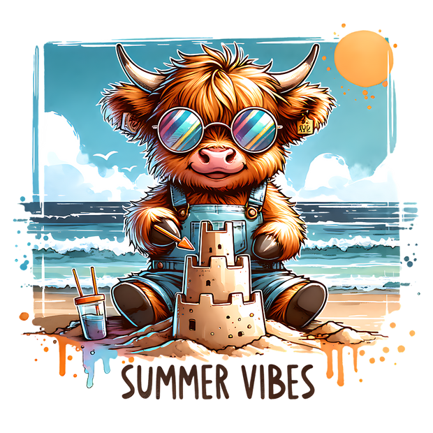 SUMMER VIBES HIGHLAND COW 2 DTF (direct-to-film) Transfer