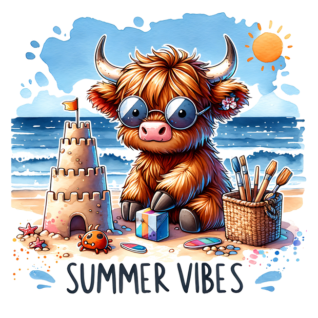 SUMMER VIBES HIGHLAND COW DTF (direct-to-film) Transfer