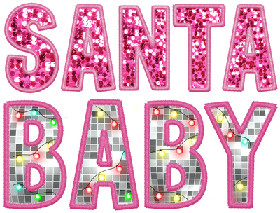 Santa in Pink Sequins and Baby in Plaid DTF (direct-to-film) Transfer