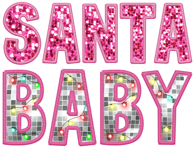 Santa in Pink Sequins and Baby in Plaid DTF (direct-to-film) Transfer