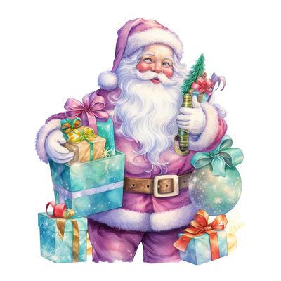 Santa in Purple Suit With Blue Gifts DTF (direct-to-film) Transfer