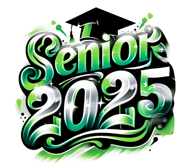 Senior 2025 Airbrushed Green Font Black Cap DTF (direct-to-film) Transfer