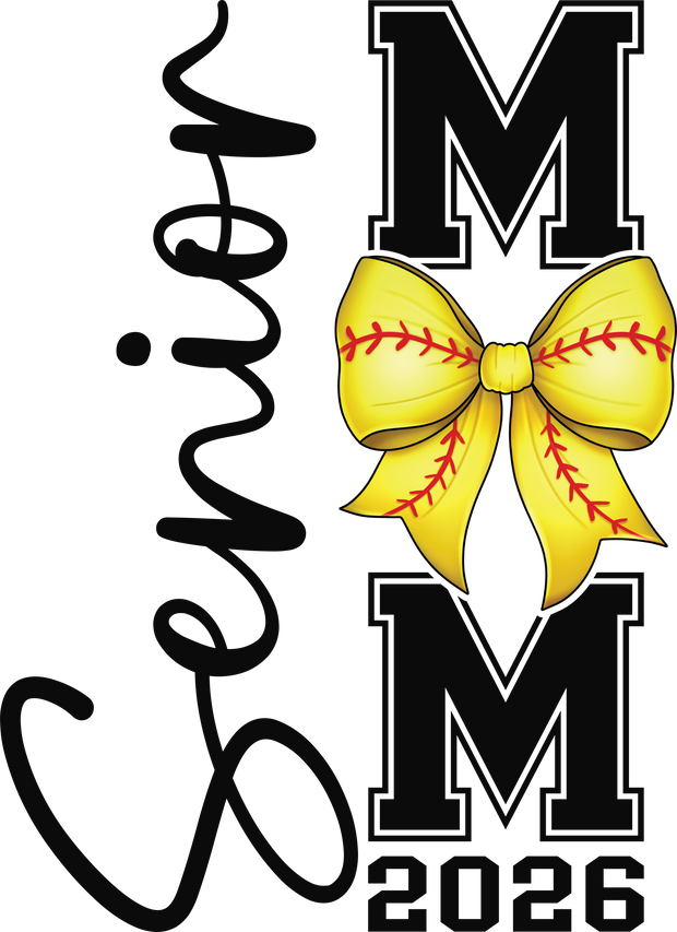 Senior Softball Mom 2026 Yellow Bow DTF (direct-to-film) Transfer