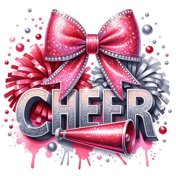 Silver Faux Glitter Cheer With Red Bow DTF (direct-to-film) Transfer