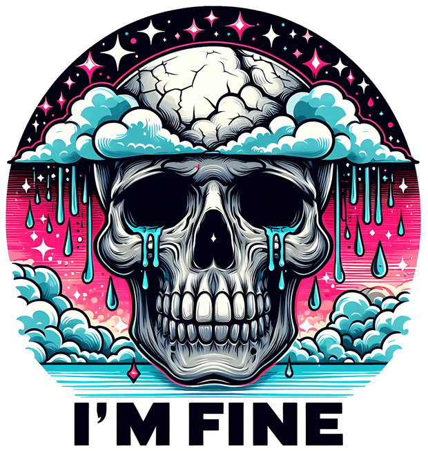 Skeleton with Dripping Blue Brain I'm Fine DTF (direct-to-film) Transfer