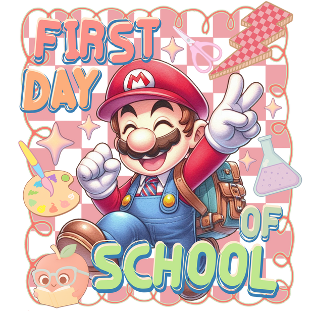 Smiling Mario First Day of School DTF (direct-to-film) Transfer