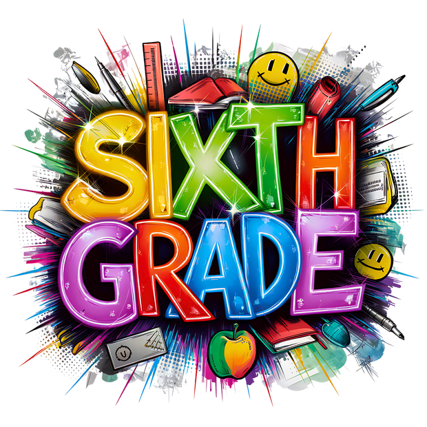 Sparkling Sixth Grade & Yellow Faces DTF (direct-to-film) Transfer