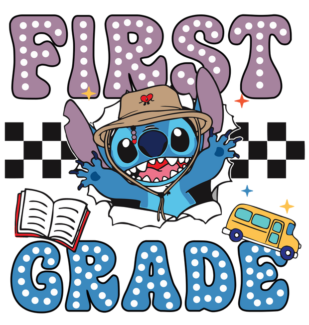 Spotted First Grade with Bus DTF (direct-to-film) Transfer