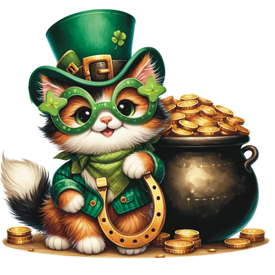 St. Patrick_s Day Cat in Green Jacket With Hat & Gold DTF (direct-to-film) Transfer