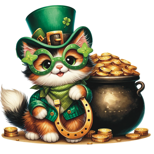 St. Patrick_s Day Cat in Green Jacket With Hat & Gold DTF (direct-to-film) Transfer