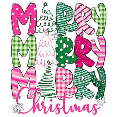 Stacked Merry Christmas Pink & Green Mixed Patterns DTF (direct-to-film) Transfer