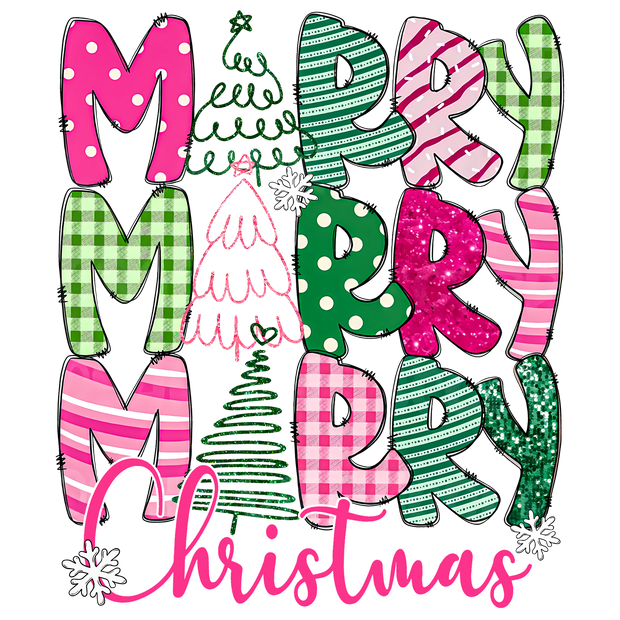 Stacked Merry Christmas Pink & Green Mixed Patterns DTF (direct-to-film) Transfer