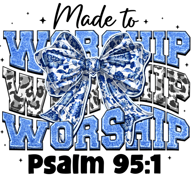 Stacked Worship in Blue with Floral Bow DTF (direct-to-film) Transfer
