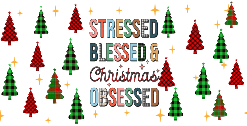 Stressed Blessed Christmas Obsessed-Christmas Tree Buffalo Plaid 16oz UV DTF Libby Cup Wrap