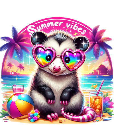 Summer Vibes Opossum on the Beach DTF (direct-to-film) Transfer