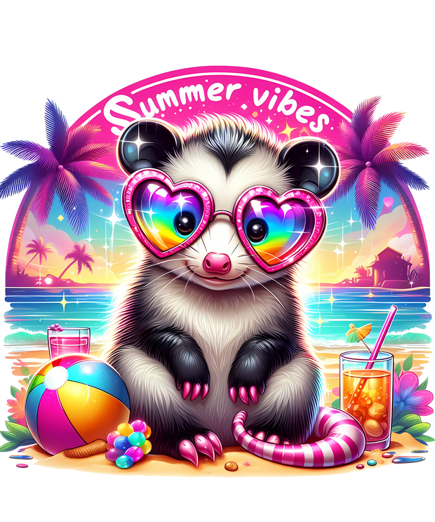 Summer Vibes Opossum on the Beach DTF (direct-to-film) Transfer