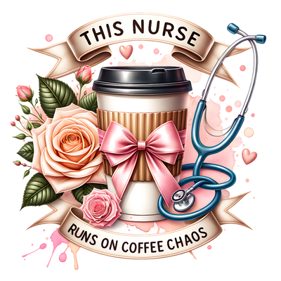 THIS NURSE RUNS ON COFFEE AND CHAOS PINK BOW DTF (direct-to-film) Transfer