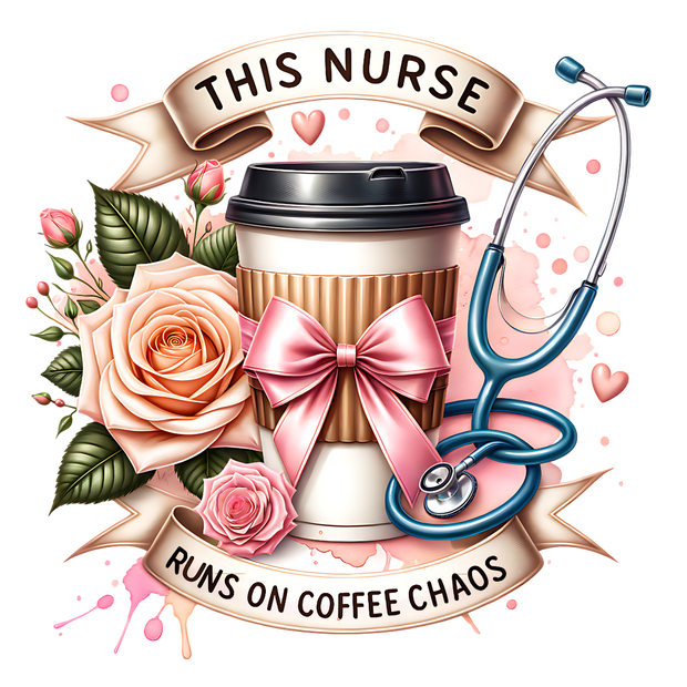 THIS NURSE RUNS ON COFFEE AND CHAOS PINK BOW DTF (direct-to-film) Transfer