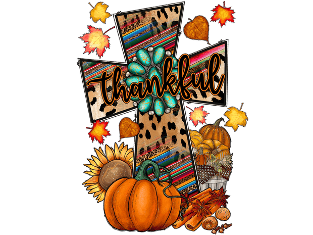 Thankful Cross Pumpkin & Leaves DTF (direct-to-film) Transfer