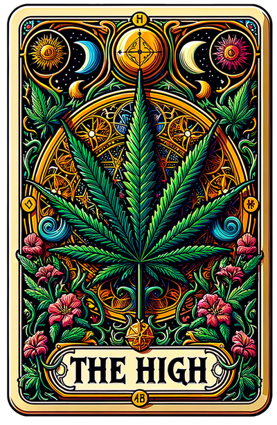 The High Tarot Card  With Marijuana Leaf In Green And Gold 420DTF (direct to film) Transfer