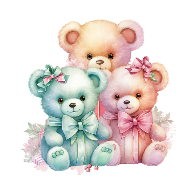 Three Pastel Bears and Bows DTF (direct-to-film) Transfer