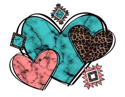 Trio Of Hearts In Turquoise Pink And Animal Print DTF (direct-to-film) Transfer