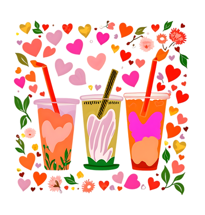 Valentine Beverage Trio With Hearts and Floral DTF (direct-to-film) Transfer