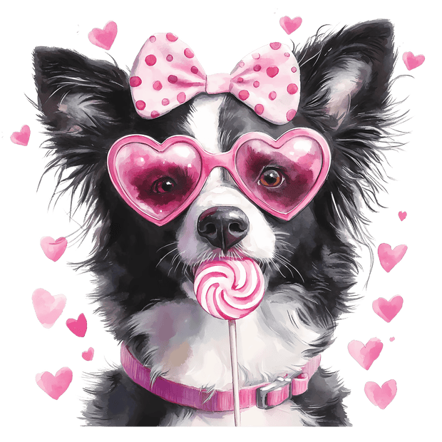 Valentine Border Collie in Glasses DTF (direct-to-film) Transfer