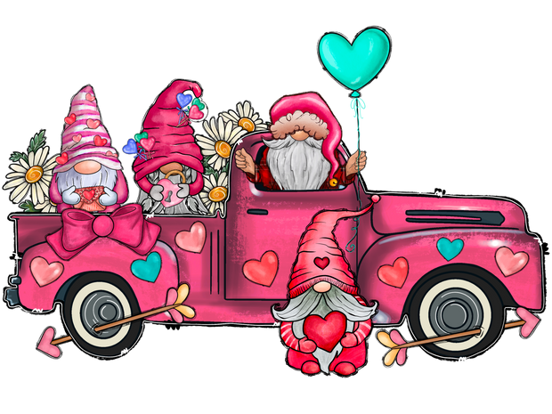 Valentine Pickup Truck With Gnomes DTF (direct-to-film) Transfer