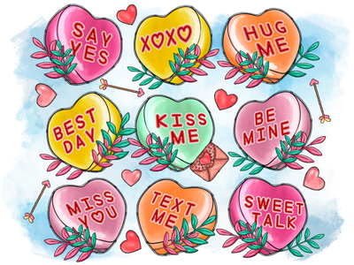 Valentines Day Candy Hearts Yellow Green Pink DTF (direct-to-film) Transfer