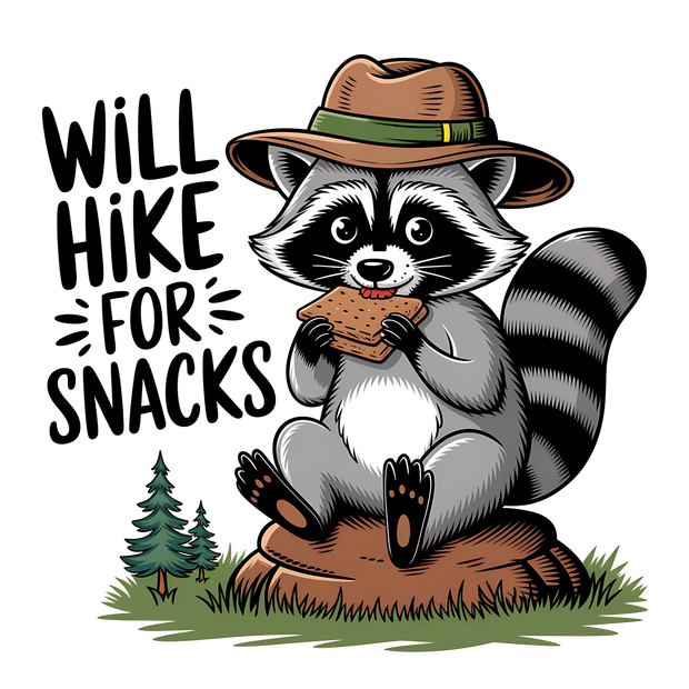 WILL HIKE FOR SNACKS CARTOON STYLE DTF (direct-to-film) Transfer