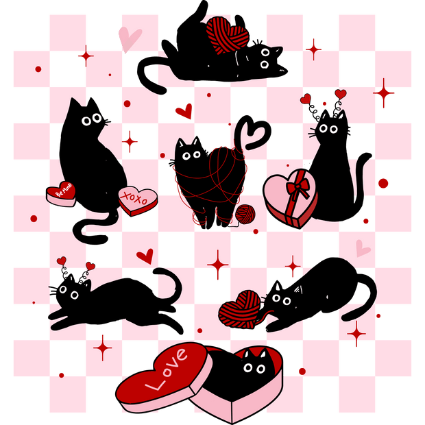 Whimsy Black Valentines Cat 2 DTF (direct-to-film) Transfer