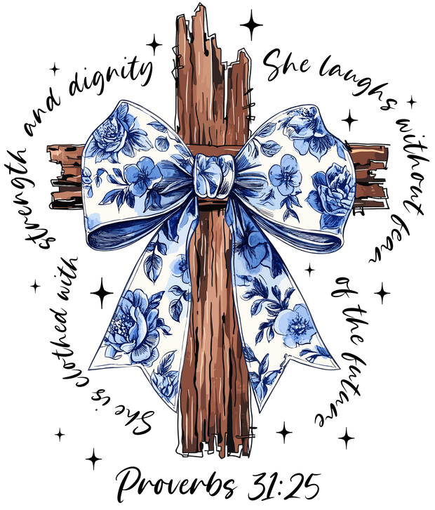 Wooden Cross Proverbs 31_25 Blue Floral Bow DTF (direct-to-film) Transfer