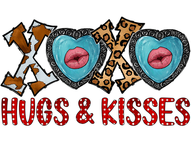 XOXO Hugs And Kisses In Cow Print And Turquoise Font DTF (direct-to-film) Transfer