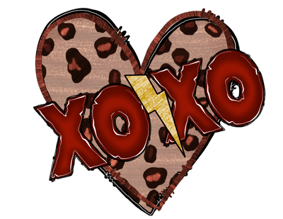 XOXO In Red Font With Animal Print Heart And Lightning Bolt  DTF (direct-to-film) Transfer