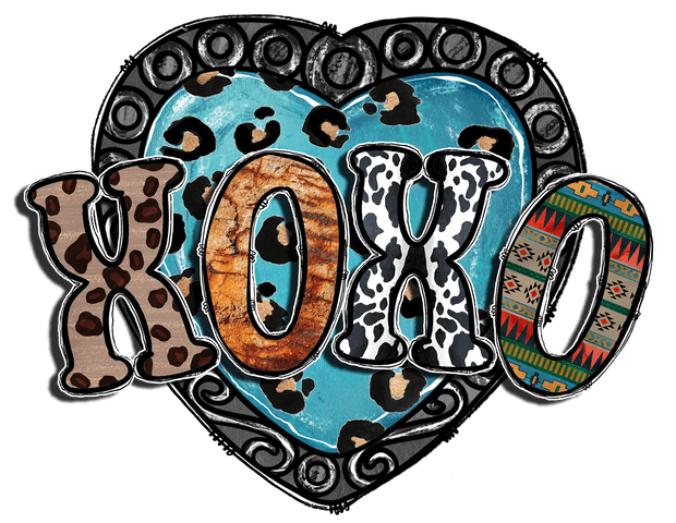 XOXO In Turquoise And Multi Print Font 2 DTF (direct-to-film) Transfer