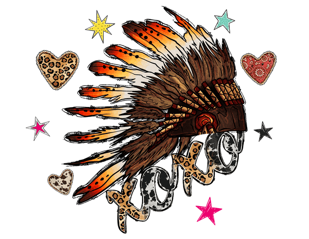 XOXO Native Headdress And Hearts In Brown Tones DTF (direct-to-film) Transfer