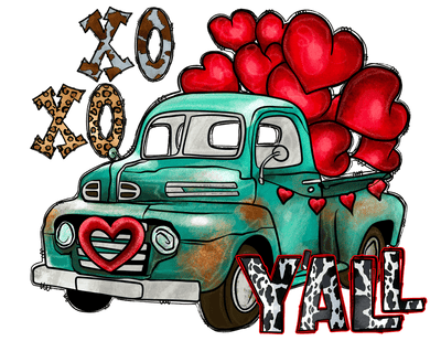 XOXO Yall Pickup Truck Filled With Red Hearts DTF (direct-to-film) Transfer)