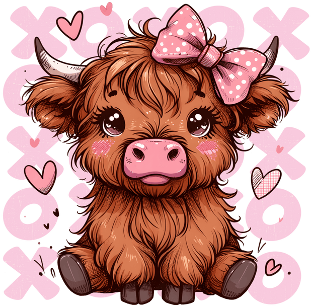 Baby Pink Highland Cow Valentines Day XOXO DTF (direct-to-film) Transfer - Twisted Image Transfers
