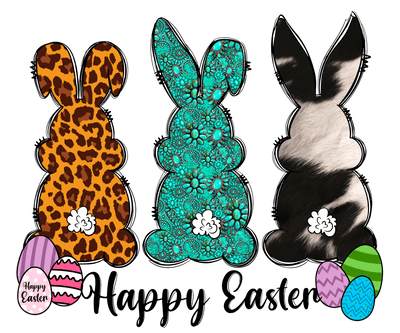 Happy Easter with 3 Bunnies (Cow print, Leopard, and Floral) DTF (direct-to-film) Transfer - Twisted Image Transfers