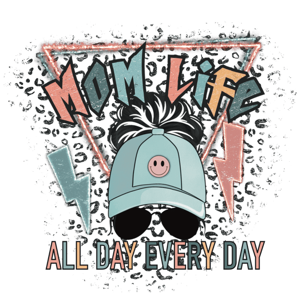 Mom (Messy Bun Mom Life All Day Everyday Smiley Hat (Lighting + Leopard) - DTFreadytopress