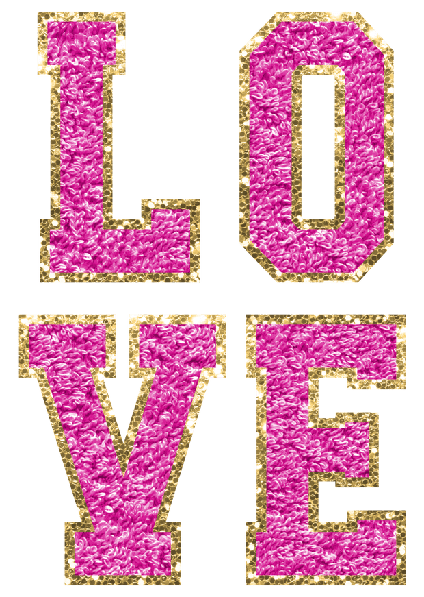 Pink and Gold LO VE Chenille Faux Patch DTF (direct-to-film) Transfer - Twisted Image Transfers