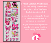 Breast Cancer Awareness 1 with Youth and Pocket Sizes 60x22" DTF Ready to Ship Gang Sheet