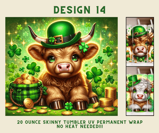 St. Patrick's Day Highland Cow 20 oz. Skinny Tumbler Wrap Design 14 - Twisted Image Transfers