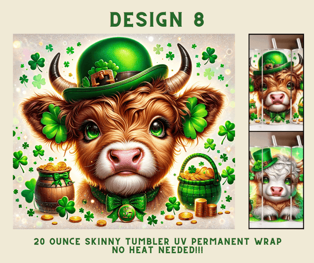 St. Patrick's Day Highland Cow 20 oz. Skinny Tumbler Wrap Design 8 - Twisted Image Transfers